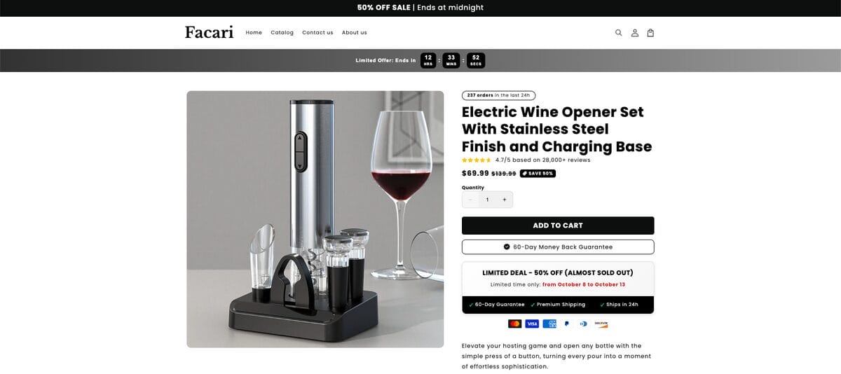 Seller website of an electric wine opener/aerator, one of the best dropshipping products for November 2026