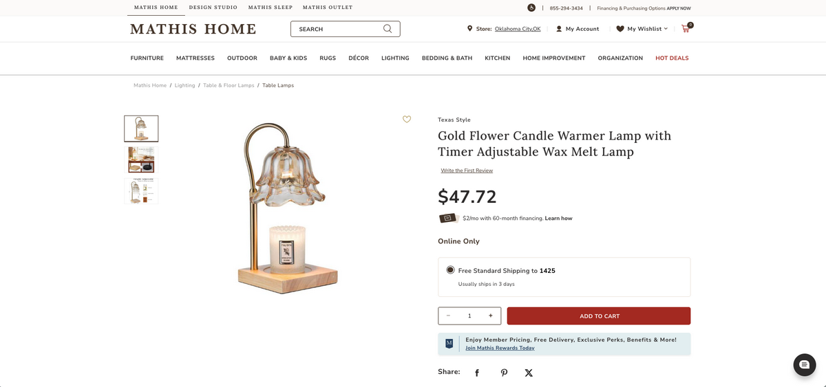 Seller website of a candle warmer lamp, one of the best dropshipping products for November 2026
