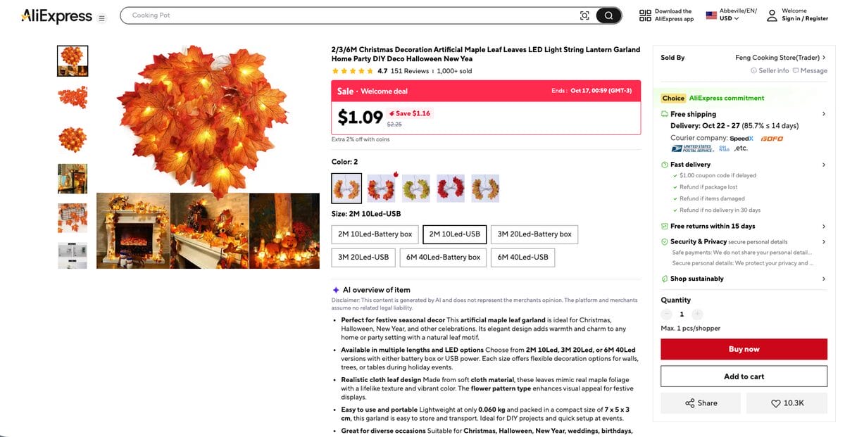 Thanksgiving Fall Maple Leaf String Lights, one of the best dropshipping products for November 2026