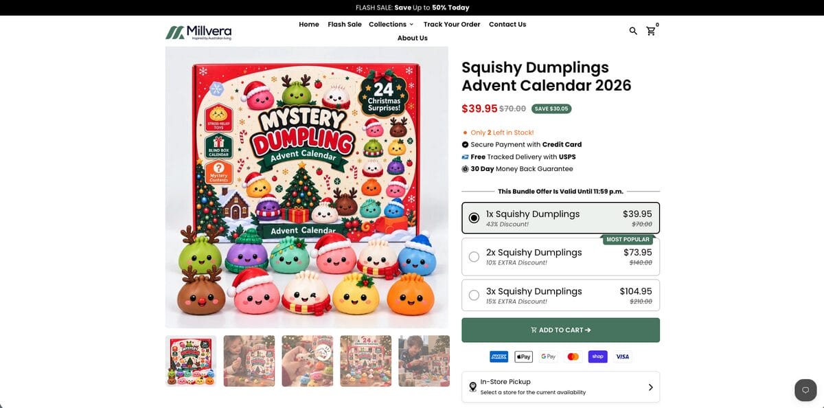 Seller website of a 2026 Christmas Squishies Advent Calendar, one of the best dropshipping products for November 2026
