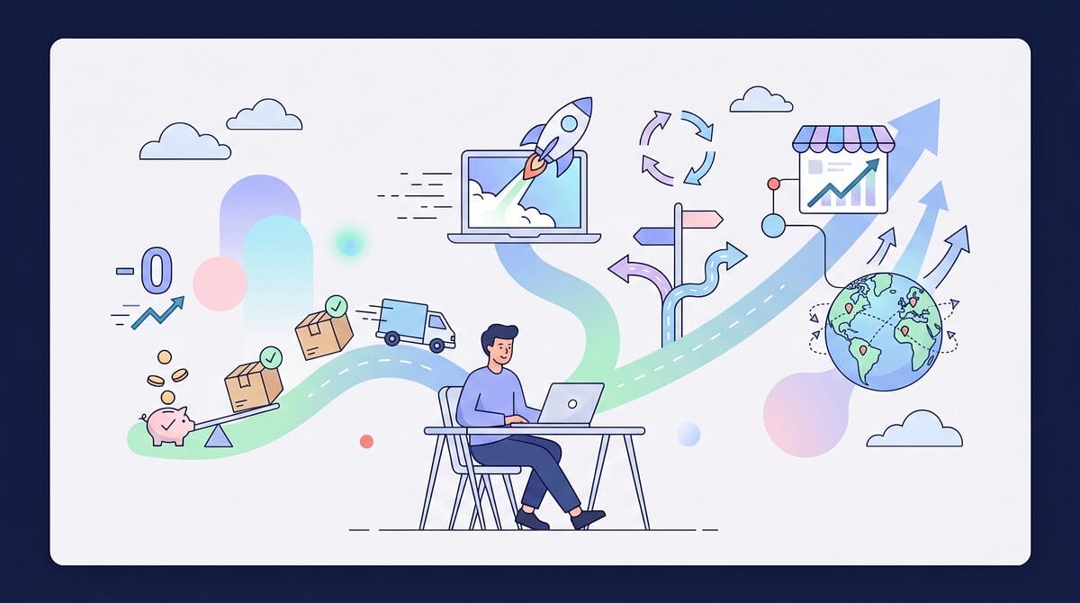 dropshipping seller surrounded by symbols of benefits like low costs, easy shipping and global reach