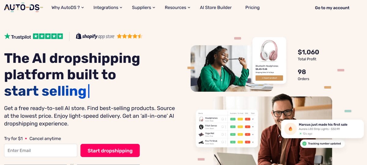 Homepage of AutoDS dropshipping automation platform