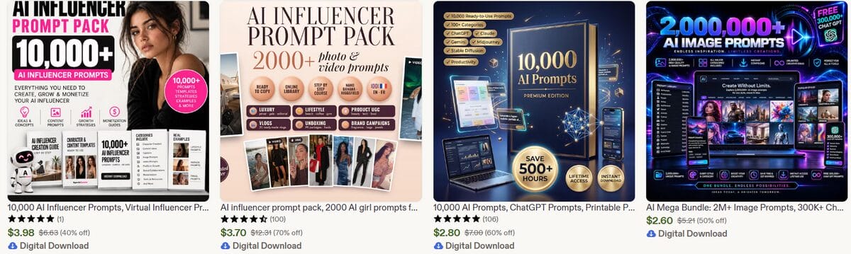 Etsy page for downloadable AI prompt packs for influencers