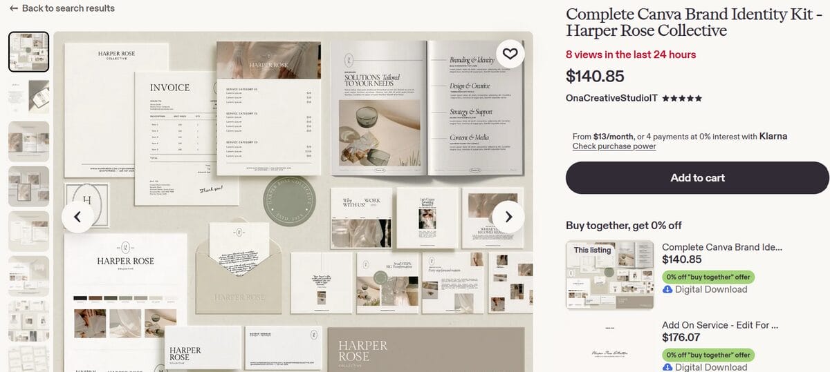 Etsy listing for a complete digital Canva brand identity kit