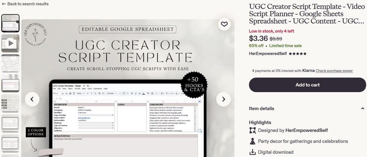 Etsy product page for an editable UGC creator script template