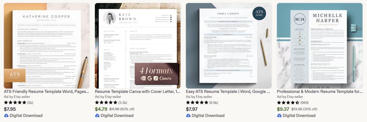 Etsy listings for editable professional resume templates