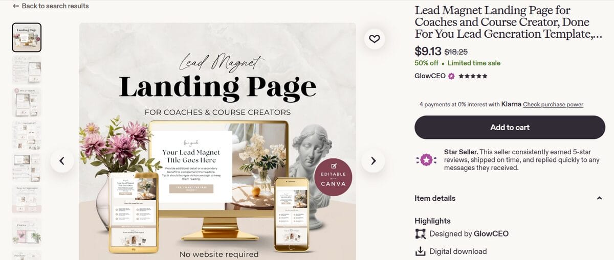 Etsy page for an editable landing page template for coaches and course creators
