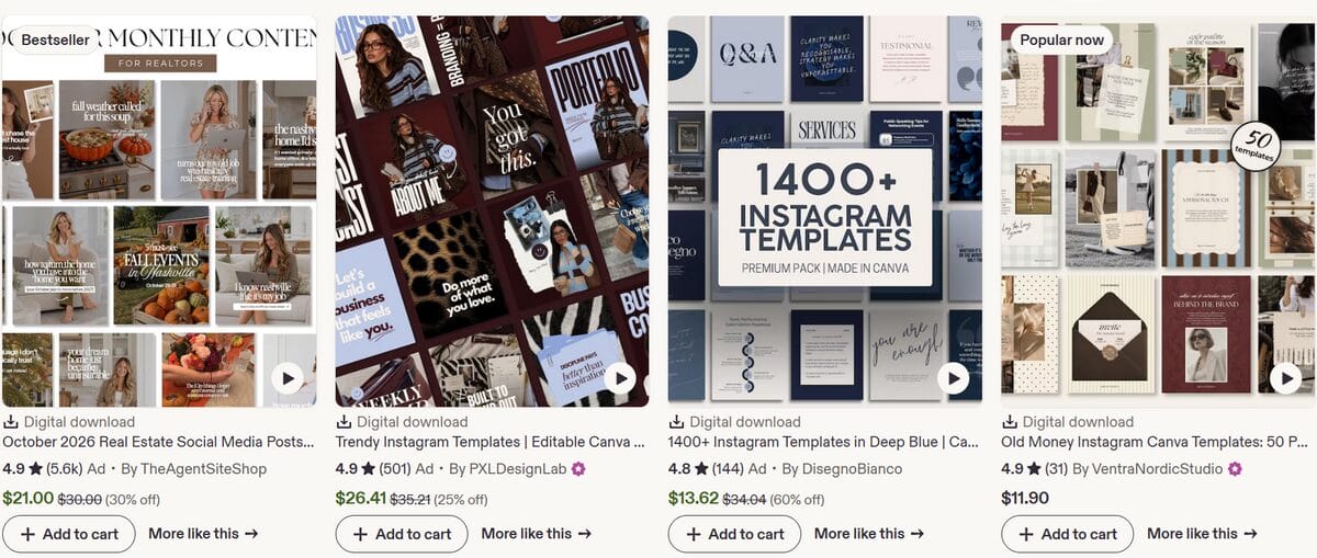 Etsy listings for editable social media template bundles available as digital downloads