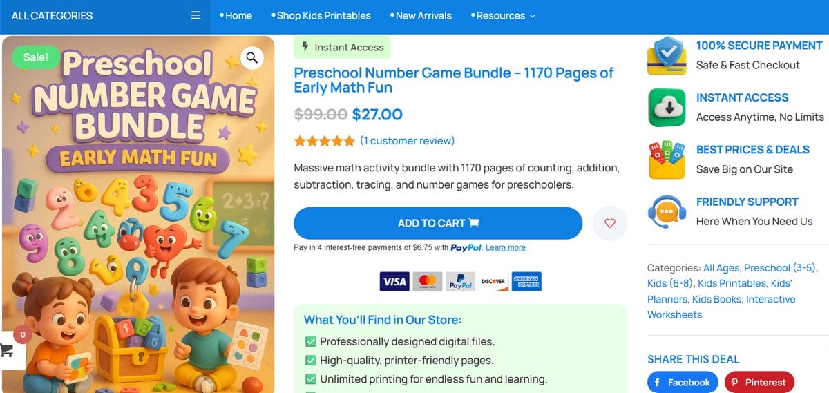 Product page of game printable bundle with activities for children