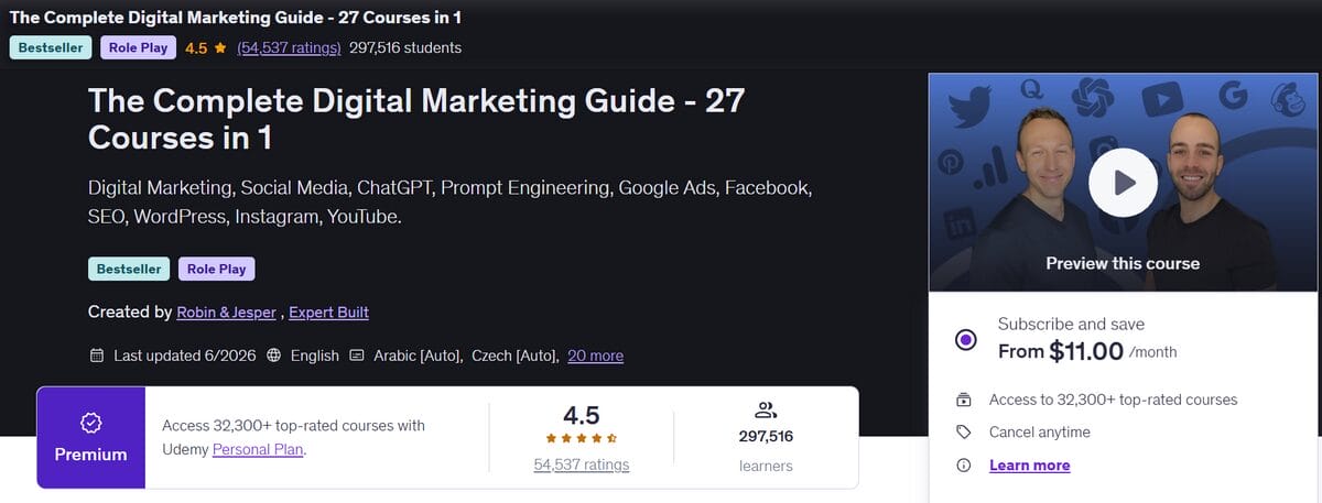 Udemy digital marketing course product page