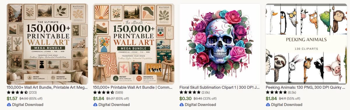 Etsy listings for printable wall art bundles and downloadable clip art collections