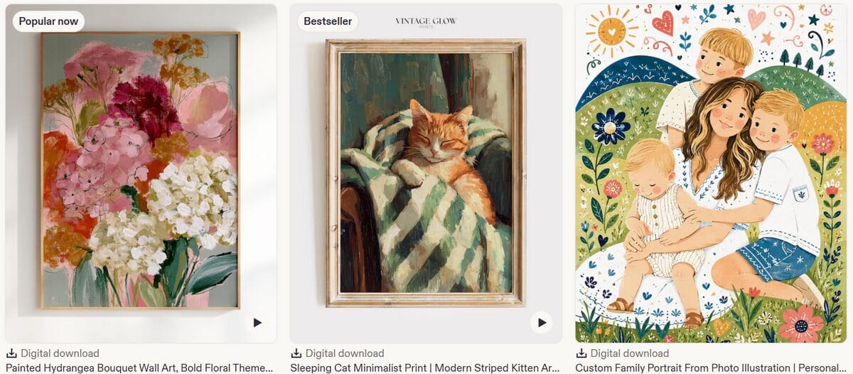 Etsy digital art catalog featuring floral wall art, a sleeping cat print, and a custom family portrait