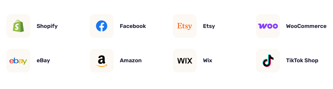 AutoDS list of integrated selling channels, including Shopify, Facebook, Etsy, WooCommerce, eBay, Amazon, Wix, and TikTok Shop