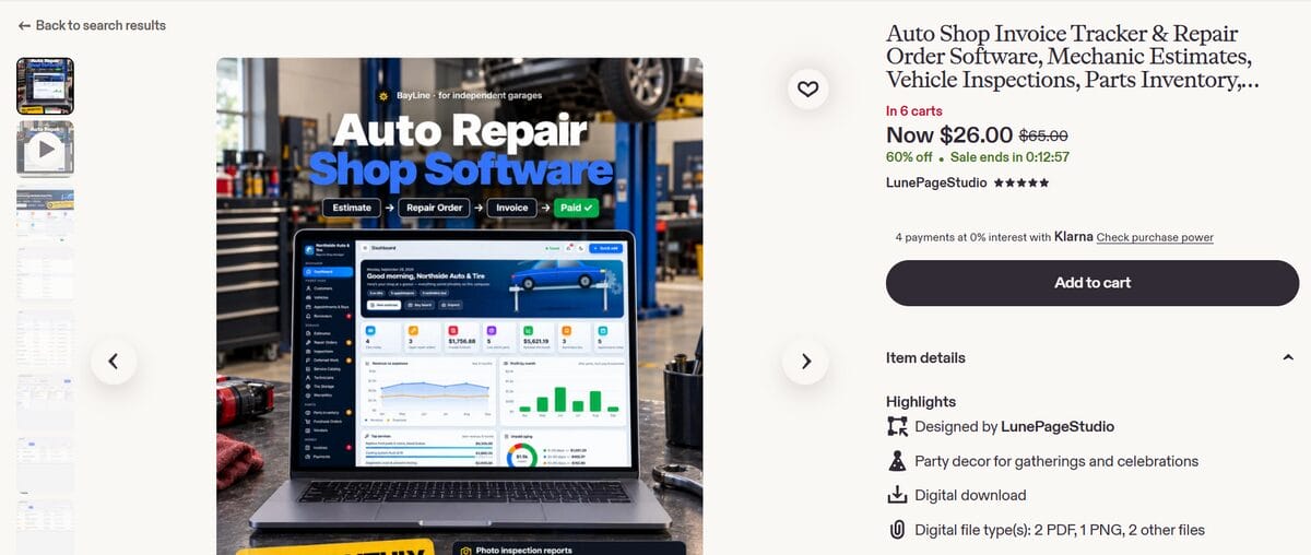 Etsy listing for auto repair shop software