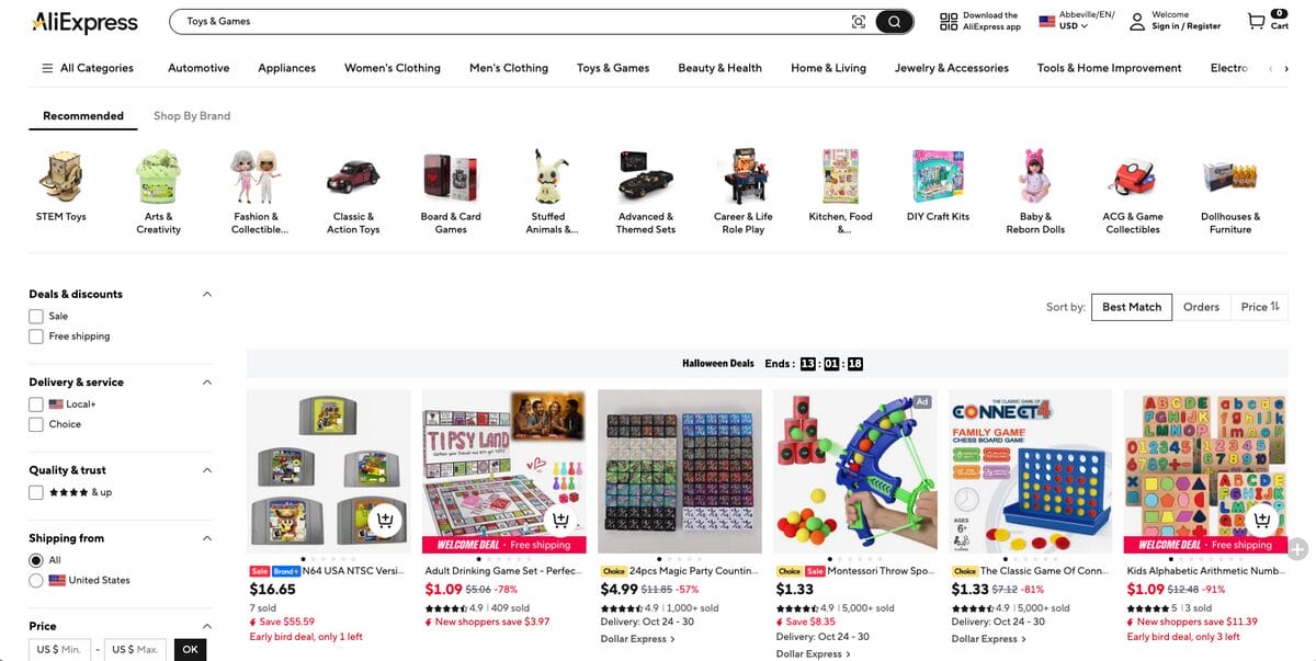 AliExpress, a supplier for dropshipping toys
