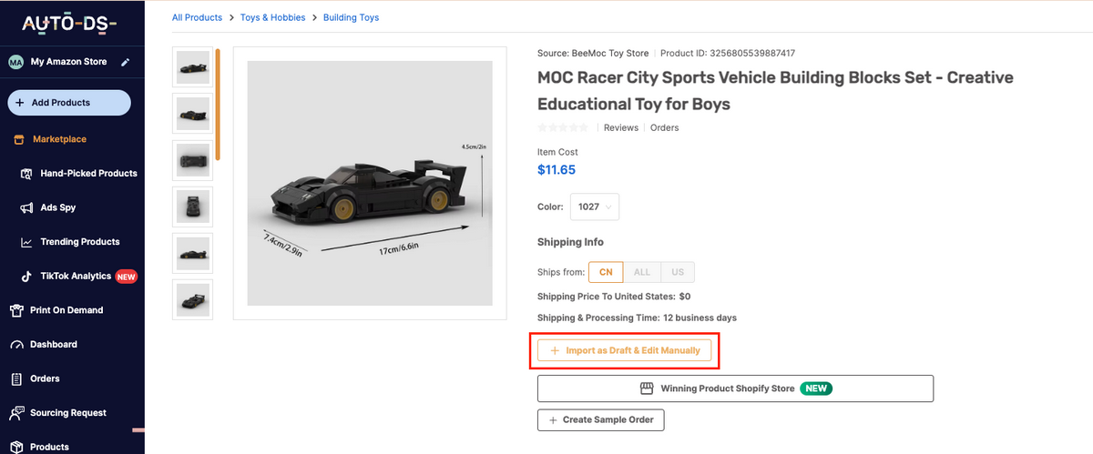 AutoDS's one-click importer for dropshipping toys