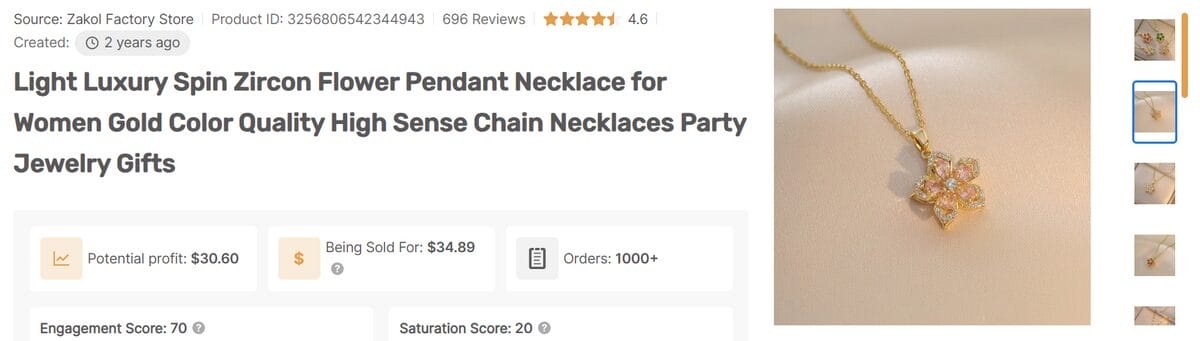 AutoDS product research page showing a jewelry piece with potential profit metrics