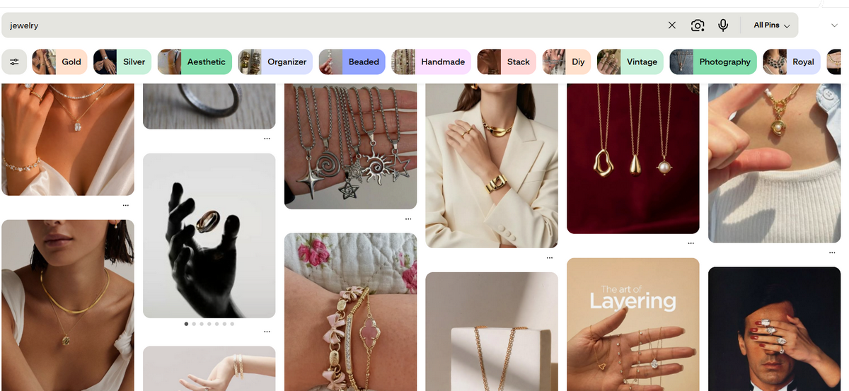 Pinterest search results for the jewelry niche