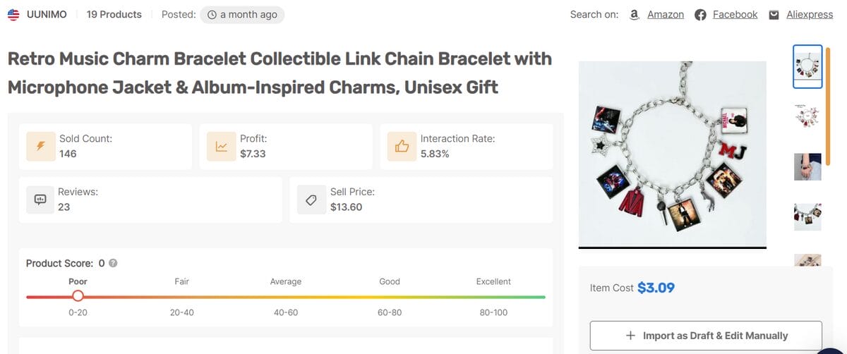 AutoDS product page for a personalized music charm bracelet