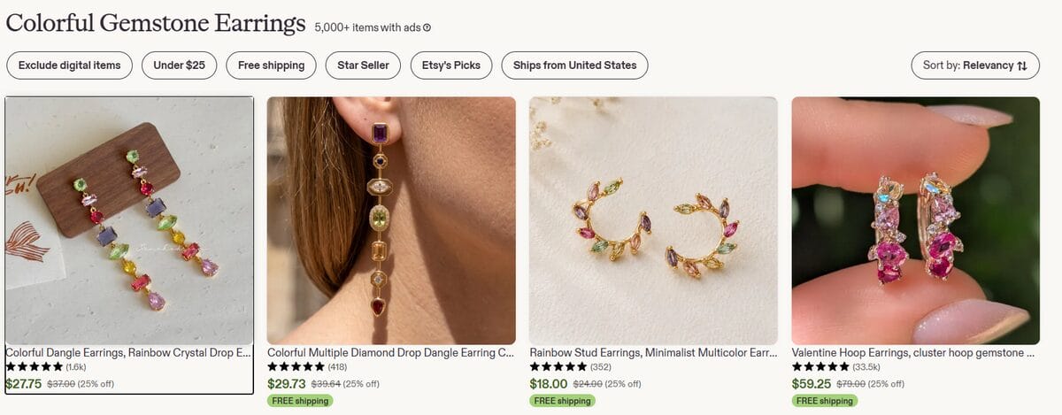 Etsy search results featuring colorful gemstone earrings in different styles and price ranges