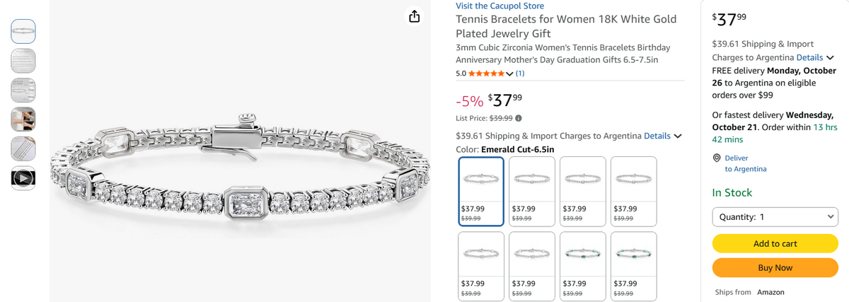 Amazon product page featuring a white gold-plated tennis bracelet
