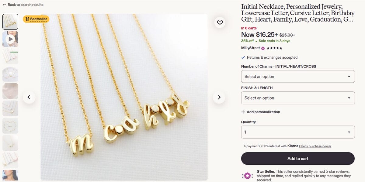 Etsy product page featuring personalized gold initial necklaces with customizable letters and chain options