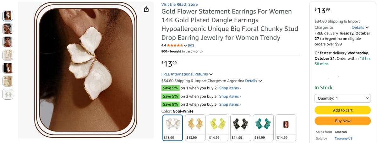 Amazon product page displaying large floral statement earrings