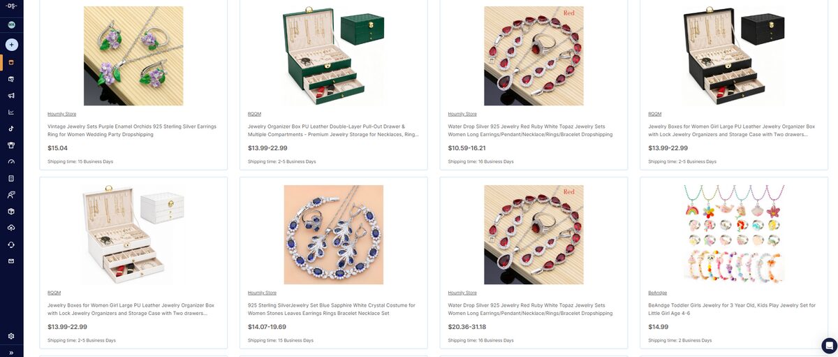 AutoDS Marketplace showing jewelry dropshipping products