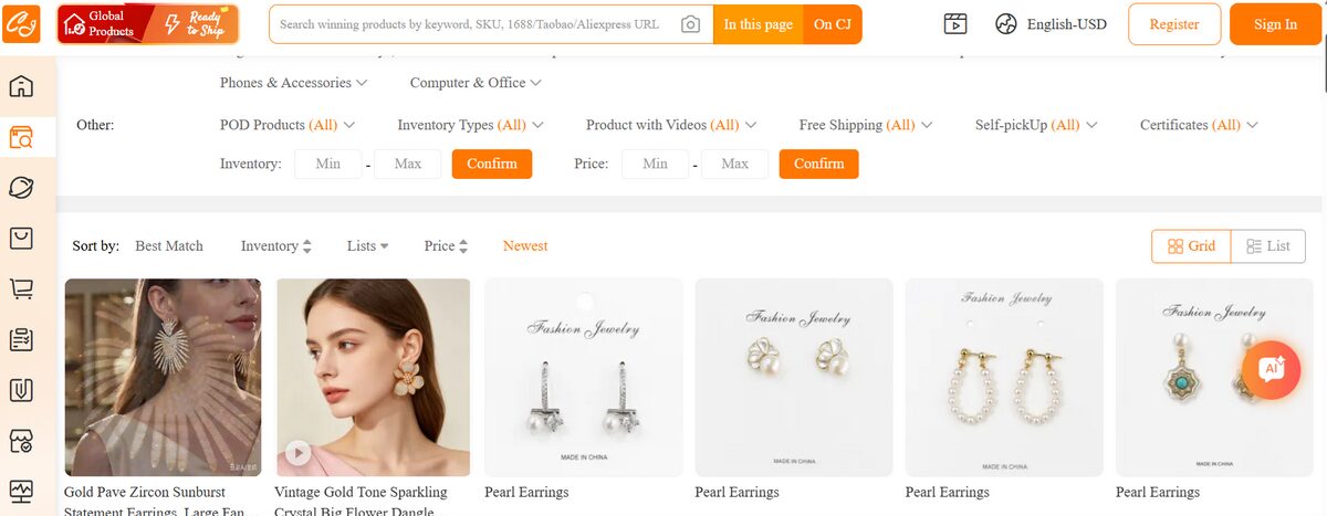 CJdropshipping jewelry product catalog