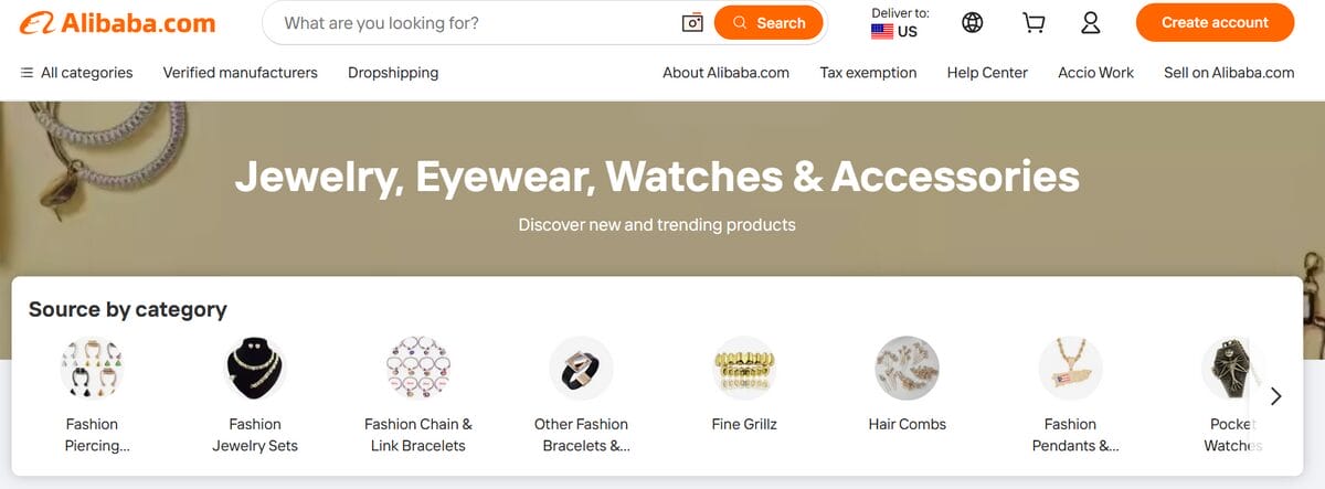 Alibaba jewelry sourcing page featuring diverse categories