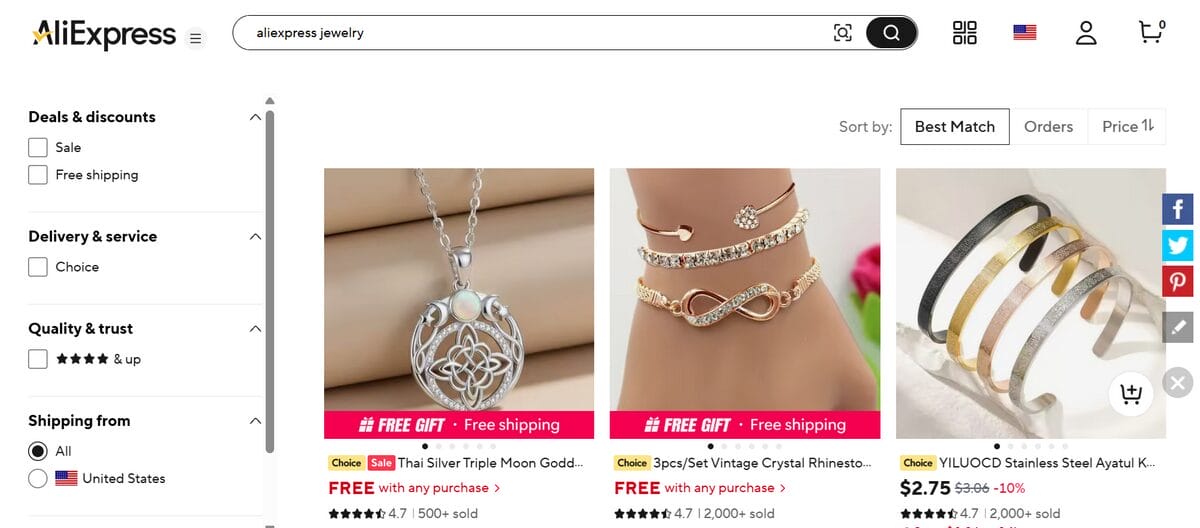 AliExpress jewelry marketplace showing necklaces and bracelets available from online suppliers