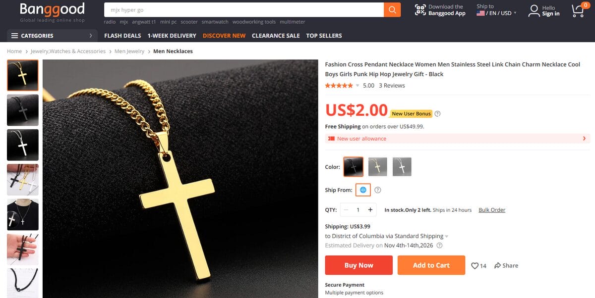 Banggood product page featuring a cross necklace with pricing and shipping information