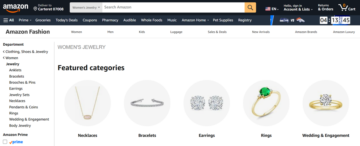 Amazon women's jewelry page featuring multiple categories