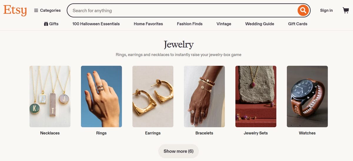 Etsy jewelry marketplace category page