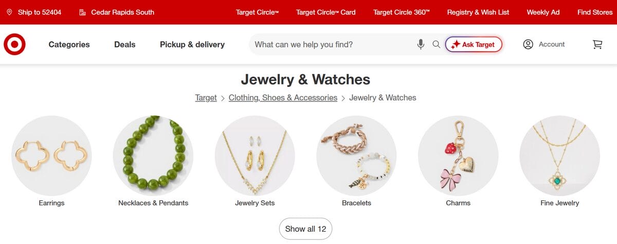 Target jewelry and watches page