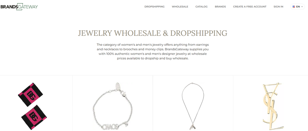 BrandsGateway jewelry dropshipping and wholesale page featuring designer pieces