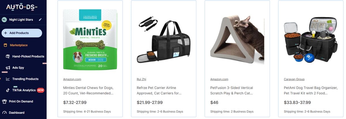 AutoDS Marketplace listings for different pet supplies