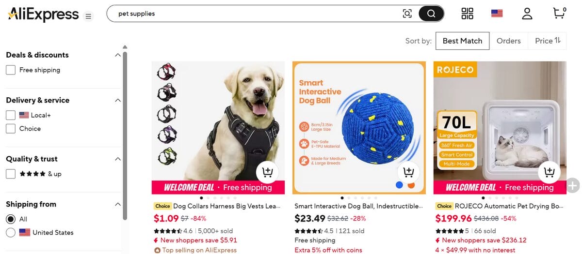 AliExpress pet supplies search results featuring multiple pet products