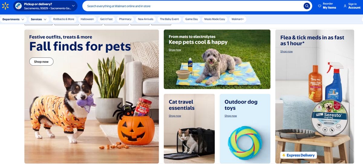Walmart pet supplies page showing dog toys, cat travel essentials, cooling accessories, and flea and tick treatments