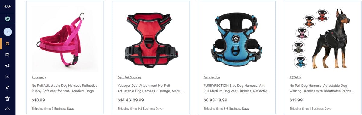 AutoDS Marketplace listings for adjustable no-pull dog harnesses in different colors and styles