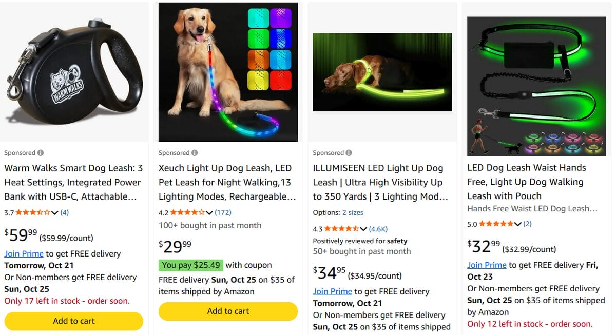 Amazon catalog for retractable and LED light-up dog leashes for nighttime walks