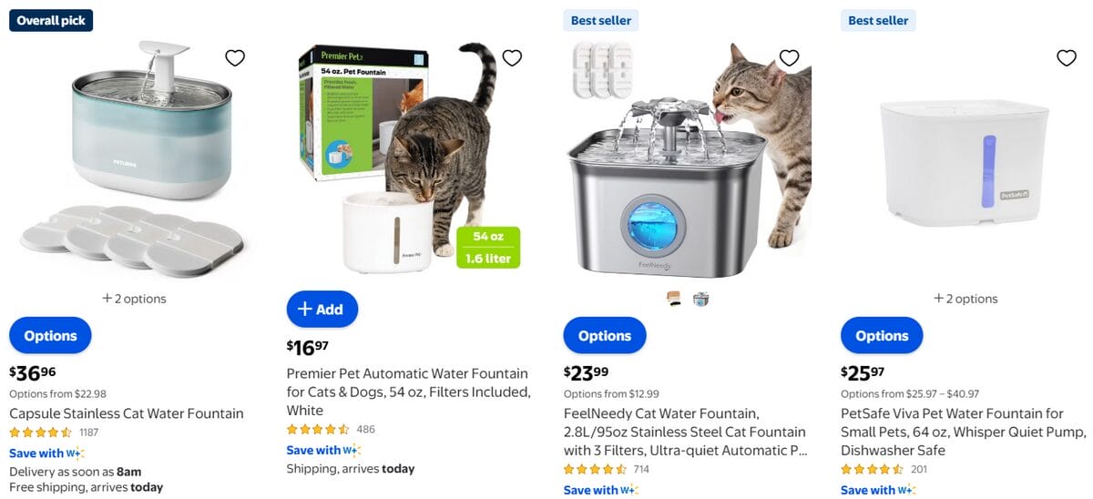 Walmart listings for automatic cat water fountains in stainless steel and plastic designs