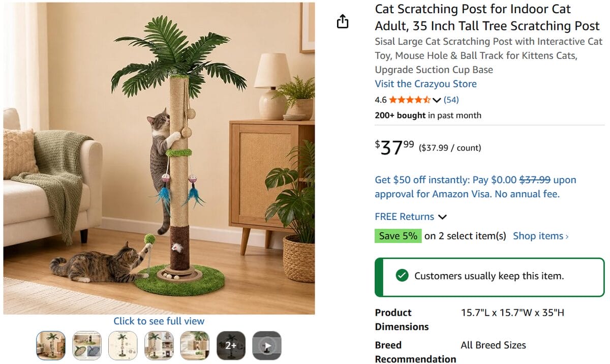 Amazon page for a tall palm tree-shaped cat scratching post with hanging toys