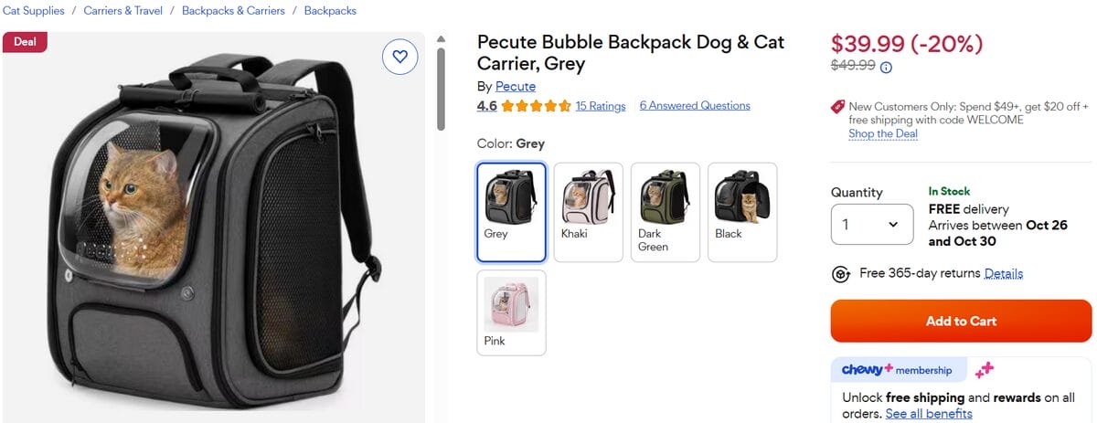 Chewy listing for a black cat carrier backpack with mesh sides and a clear front window