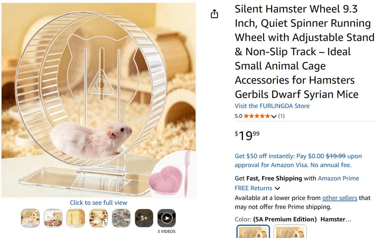 Silent hamster exercise wheel with an adjustable stand listed on Amazon