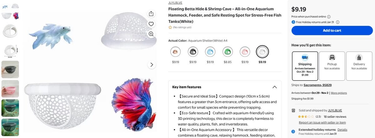 Walmart product page of a white floating betta fish hide cave and aquarium hammock