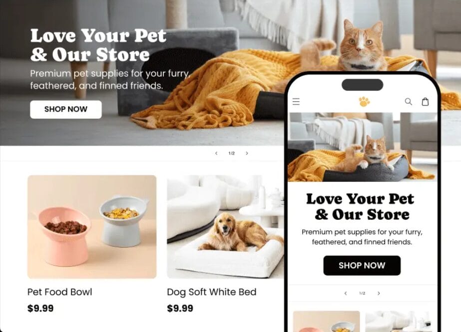 Online pet supplies store displayed on desktop and mobile screens