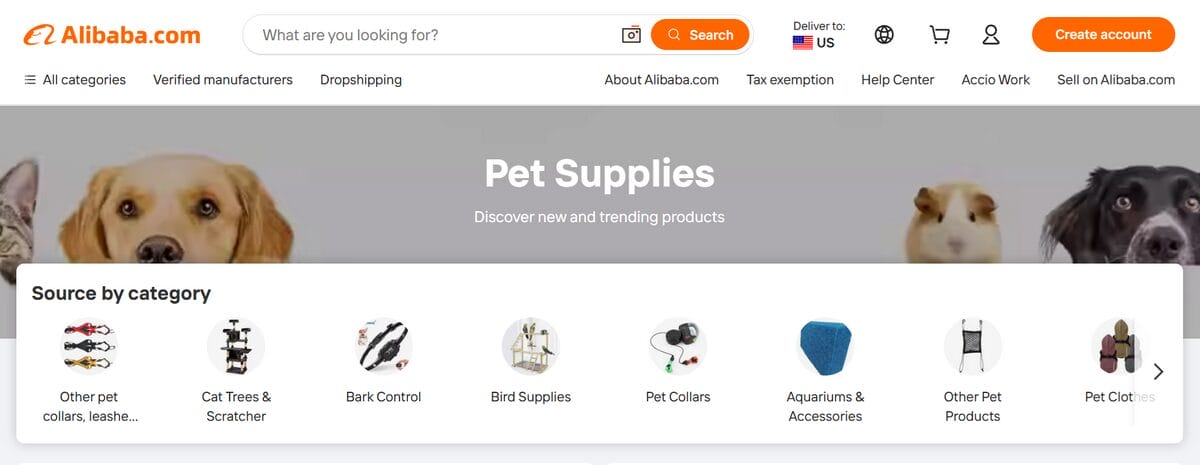 Alibaba pet supplies page featuring categories for pet collars, cat scratchers, bird supplies, aquariums and pet clothes