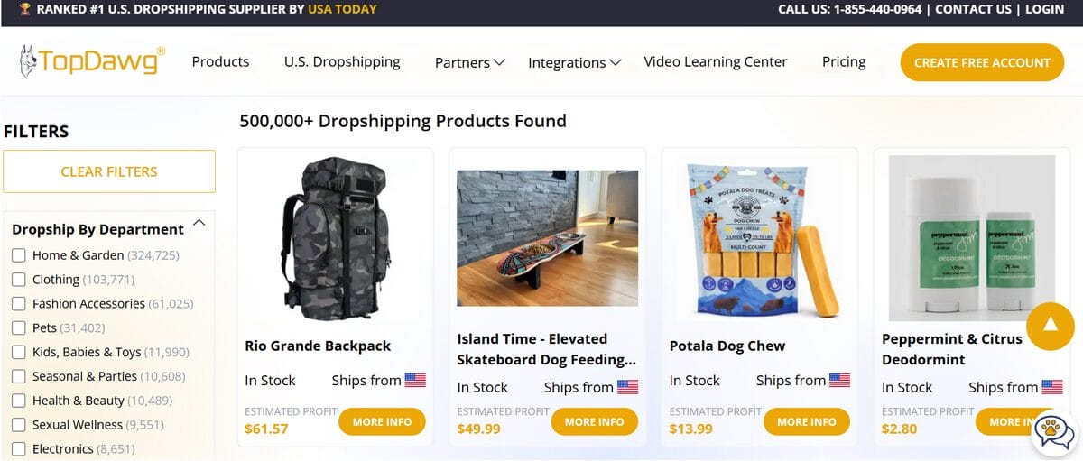 TopDawg dropshipping marketplace showing pet supplies including dog feeders, chews, and grooming products