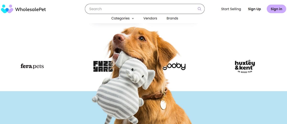 WholesalePet marketplace webiste featuring a dog holding a plush toy and several pet brand logos